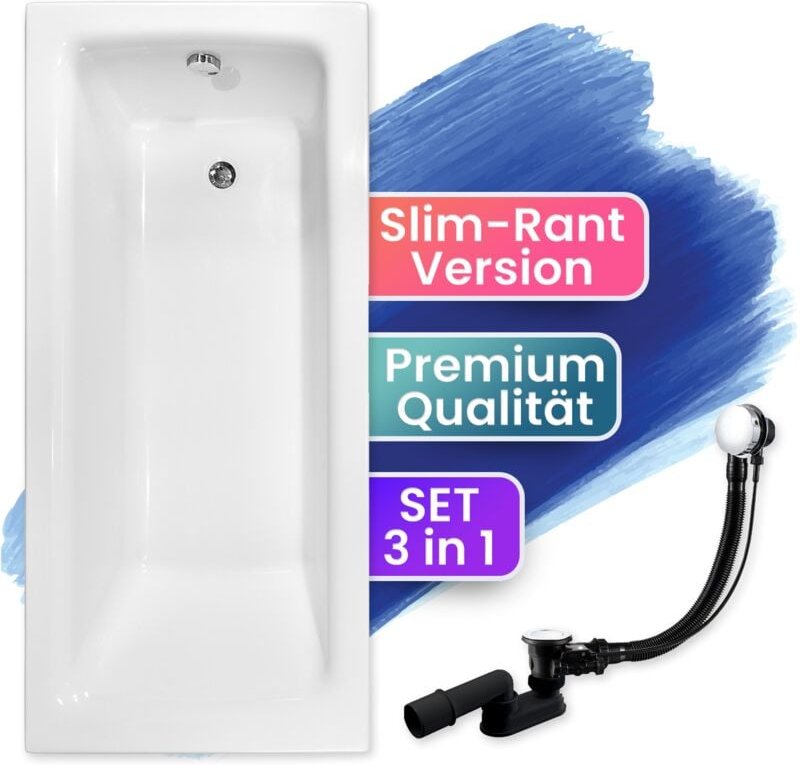 Thumbnail - Badland - Badewanne Rechteck 160x75 + Handgriffen + Kopfstütze, Ablauf & Füße gratis - Komplettset 5in1 Original Acryl W...