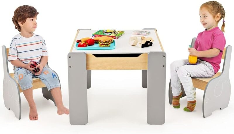 Costway - 3tlg. Kindersitzgruppe aus Holz, 4-in-1-Kindertisch mit 2 Stühlen & Abnehmbarer Tafel, Kindermöbel-Set mit Sta...