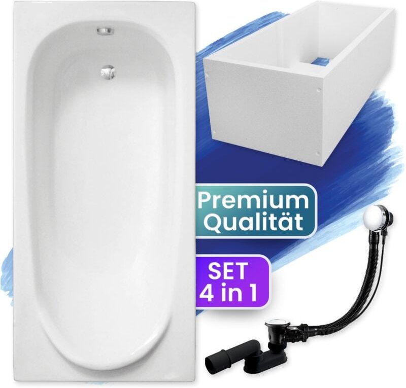Badland - Badewanne Rechteck 160x75 mit Wannenträger, Ablaufgarnitur & Füßen gratis - Komplettset 4in1 Original Acryl Wa...