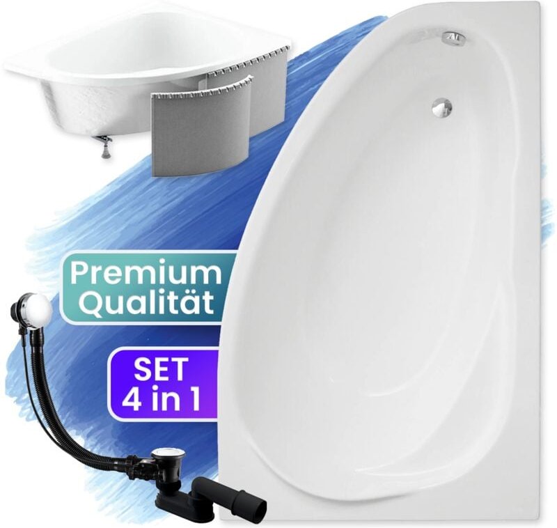 Badland - Badewanne Eckbadewanne 150x100 Rechts mit Styroporverkleidung, Ablauf & Füße gratis - Komplettset 4in1 Origina...
