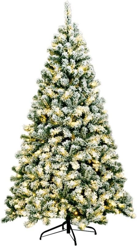 COSTWAY 180cm Künstlicher Weihnachtsbaum mit Schnee und warmweissen LED-Leuchten, Tannenbaum mit Metallstaender, Christb...
