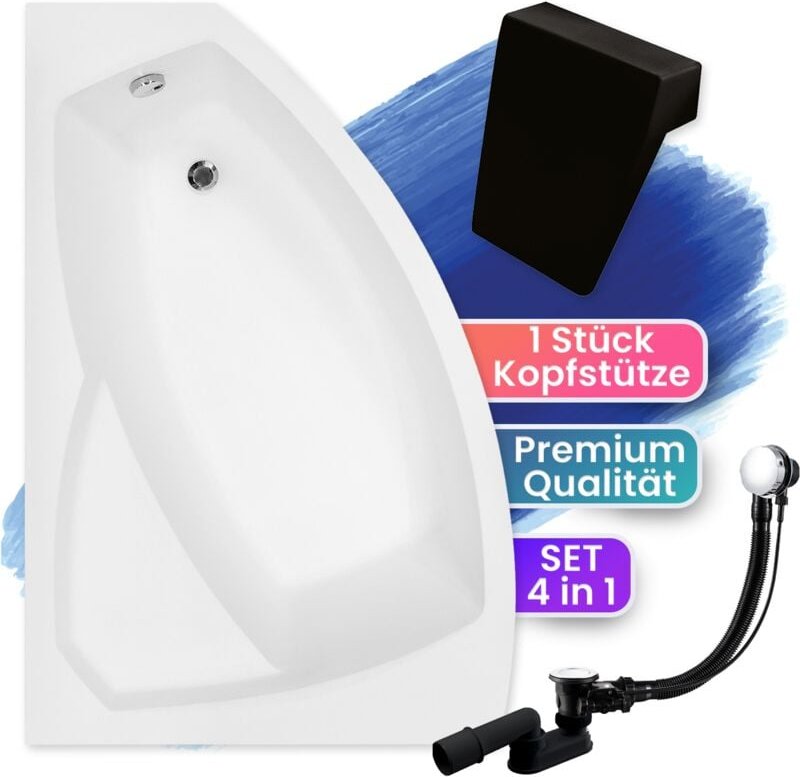 Badewanne Eckbadewanne 140x90 Links + Kopfstütze, Ablaufgarnitur & Füßen GRATIS - Komplettset 4in1 Acryl Wanne Siphon - ...