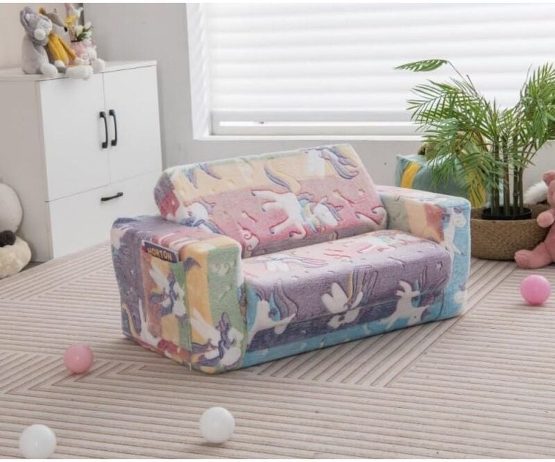 Costway - 2 en 1 Canapé Enfants Lumineux (Brillant dans Le Noir) avec Motif de Licorne, Fauteuil Enfant Convertible en T...
