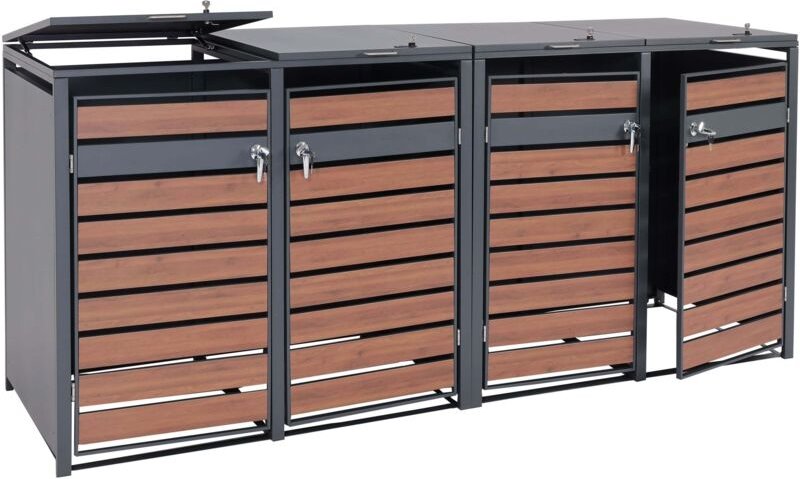 HHG - xl 4er/8er-Mülltonnenverkleidung 409, Mülltonnenbox, Metall 118kg anthrazit Kirsche-Holzoptik dunkelbraun
