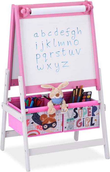 Standtafel Kinder, 2 in 1, Kindertafel mit Papierrolle & Körben, hbt 94 x 52 x 46,5 cm, Kreidetafel, rosa/weiß - Relaxda...
