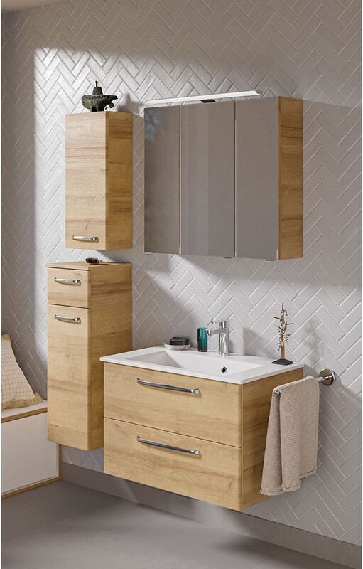 Badmöbel Set inkl. Waschbecken Mineralmarmor TRENTO-66 in Riviera Eiche Nb., b/h/t: ca. 122/200/50 cm