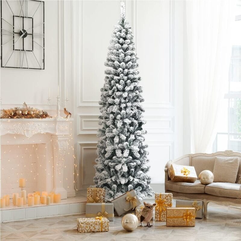 COSTWAY 225cm Bleistift Weihnachtsbaum mit Schnee, künstlicher Tannenbaum mit Metallstaender, Christbaum PVC Nadeln, Kun...