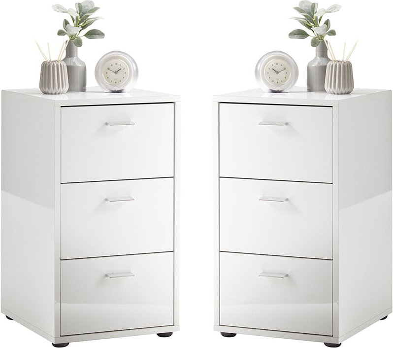 Nachttisch mit 3 Schubladen, 2er Set, in Hochglanz weiß, VUKA-10, für Boxspringbetten geeignet, b/h/t ca. 35/62,4/39,9 c...