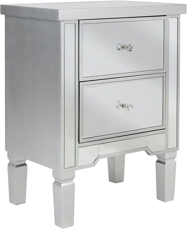 Nachttisch Silber Glas mdf Platte 63 x 49 x 32 cm Glamourös Spiegeleffekt Geräumige Schubladen Dekorativ Funktional Schl...