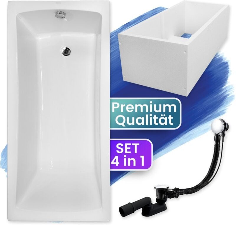 Badewanne Rechteck 170x70 mit Wannenträger, Ablaufgarnitur & Füßen GRATIS - Komplettset 4in1 Original Acryl Wanne Siphon...