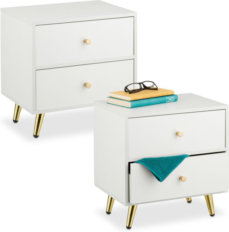 Relaxdays Nachttisch, 2er Set, 2 Schubladen, HxBxT: 41,5 x 40 x 32,5 cm, Schlaf- & Gästezimmer, Nachtschrank, weiß/gold