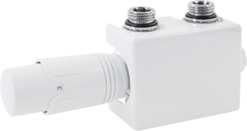 Ventil-Armaturen Set Multiblock Weiß Universal Eck- und Durchgangsform inkl. Thermostatkopf für Badheizkörper mit Mittel...