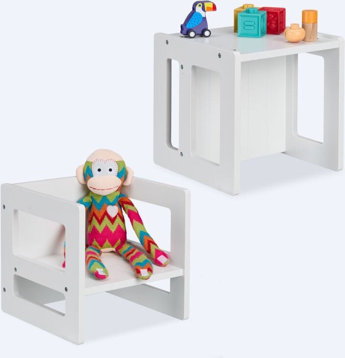 Relaxdays Sitzhocker Kinder 2er Set, Wendehocker, 2 Sitzhöhen, mit Armlehnen, HxBxT: 30x30x30 cm, Kindertisch, MDF, weiß