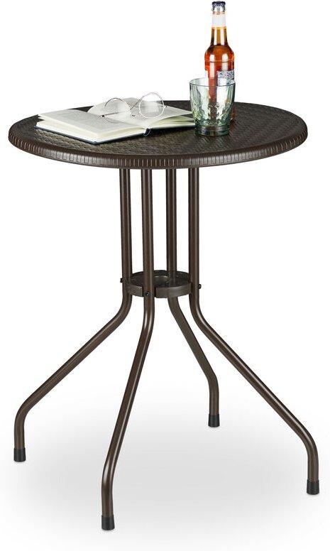 Gartentisch rund, Rattan Optik, Balkontisch klein, Kunststoff und Metall, Bistrotisch, HxD: 74x60 cm, braun - Relaxdays