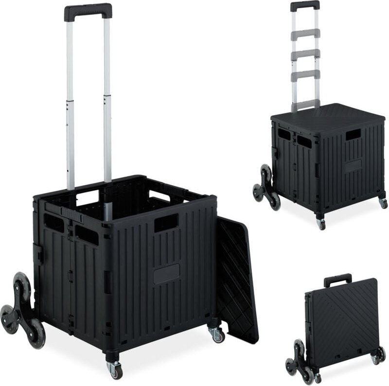 Einkaufstrolley Treppensteiger, klappbar, Einkaufskorb mit Rollen, Deckel, Teleskopgriff, bis 35 kg, schwarz - Relaxdays