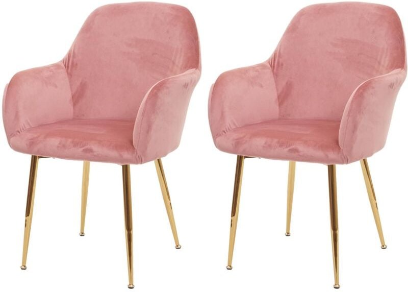 HHG - 2er-Set Esszimmerstuhl 240, Stuhl Küchenstuhl, Retro Design Samt altrosa, goldene Beine