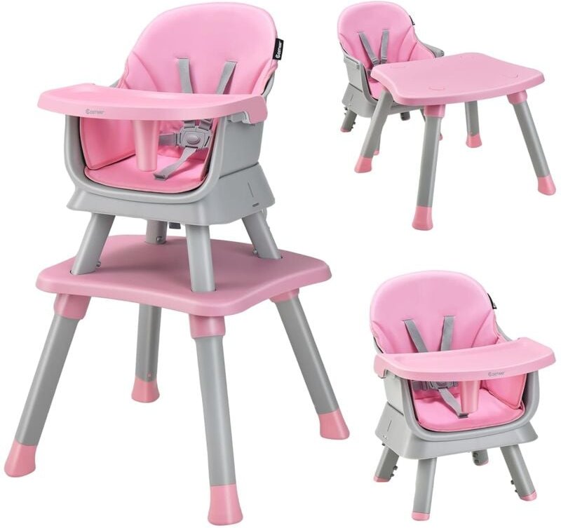 6-in-1 Babyhochstuhl, Hochstuhl & Essstuhl & Lerntisch & Bausteintisch & Kindersitzgruppe, Kinderhochstuhl mit Sicherhei...