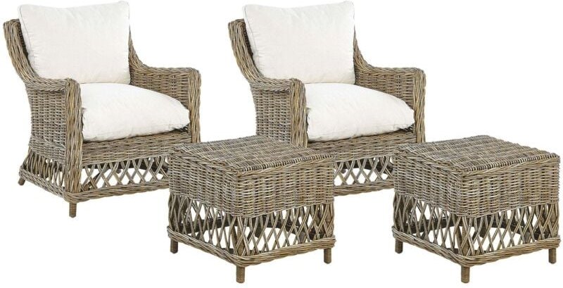 Gartensessel 2er Set Natürlich Rattan mit Hocker 4 Auflagen Cremeweiß Baumwolle Terrasse Balkon Außen Wohnzimmer Gartenz...