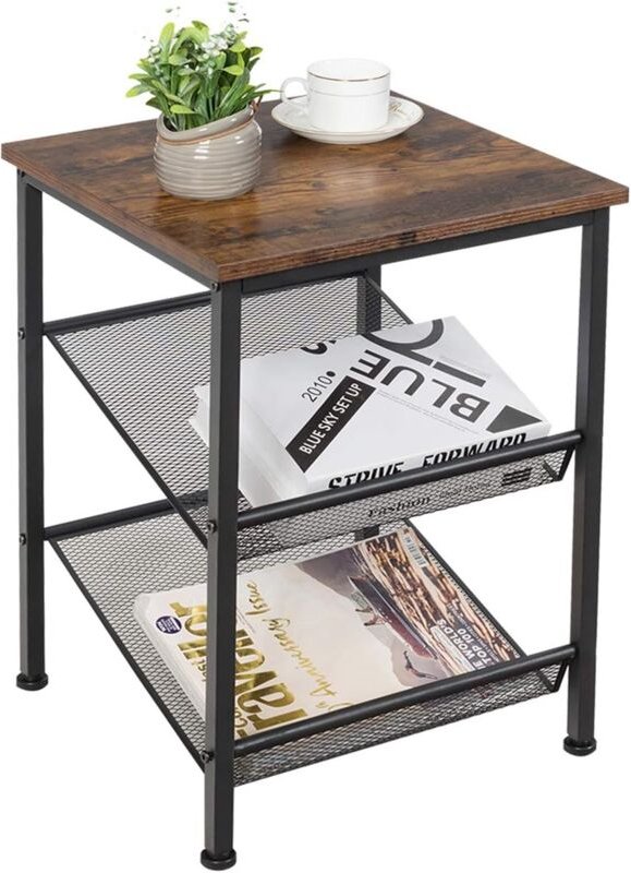 Beistelltisch im Industriedesign, Nachttisch mit Metallgestell, Sofatisch mit Gitterablage, fuer Wohnzimmer Schlafzimmer...