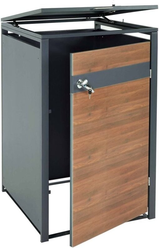 1er Mülltonnenverkleidung HHG 356, Mülltonnenbox, erweiterbar, Metall 32kg, anthrazit Kirsche-Holzoptik dunkelbraun