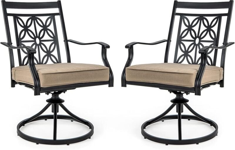 Gartenstühle 360° drehbar, 2er Set Terrassenstühle mit weichen Kissen, große Balkonstühle für Garten, Hinterhof, Balkon ...