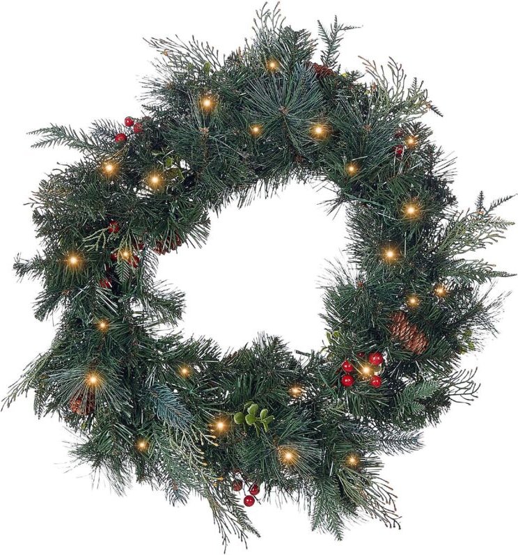 Weihnachtsdekoration Kranz Grün Kunststoff Rund mit LED-Beleuchtung Timer Tannenzweigen Zapfen Beeren Modern Türdeko Tis...