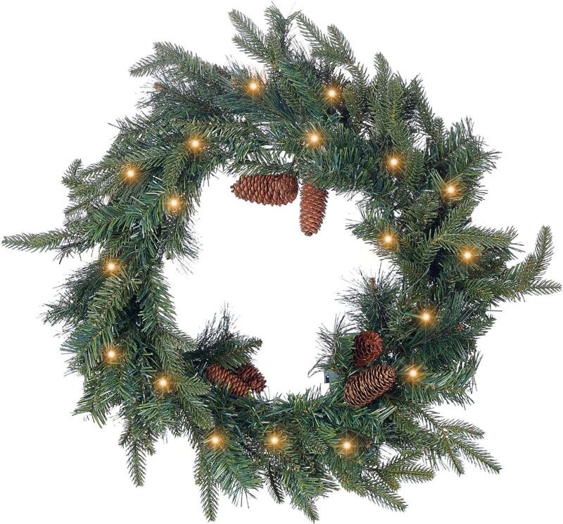 Weihnachtsdekoration Kranz Grün Kunststoff Rund mit LED-Beleuchtung Timer Tannenzweigen Zapfen Modern Türdeko Tischdeko ...