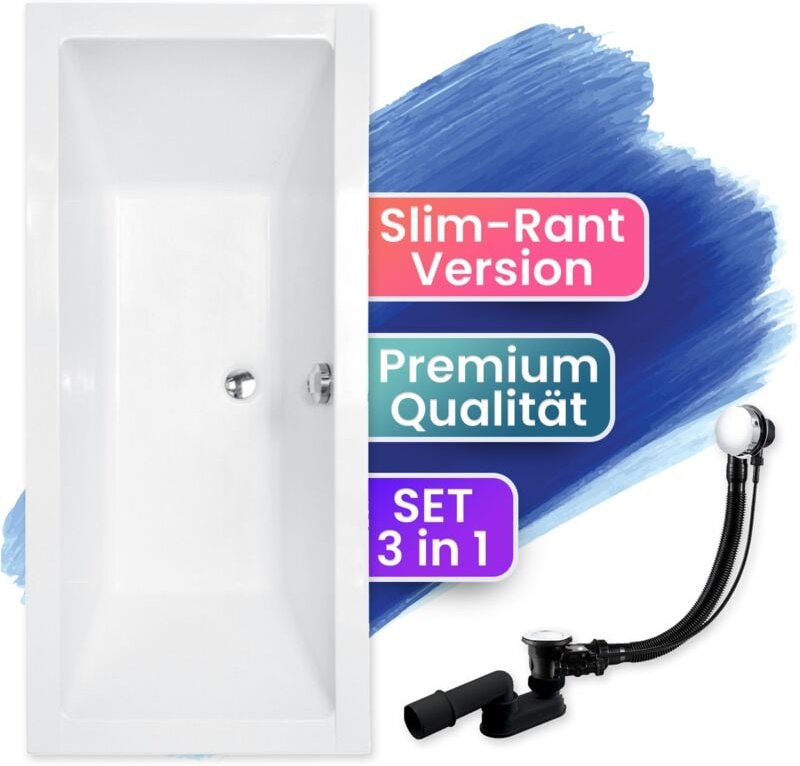 Badland - Badewanne Rechteck 175x80, Ablaufgarnitur & Füßen gratis - Komplettset 3in1 Original Acryl Wanne Premium Sipho...