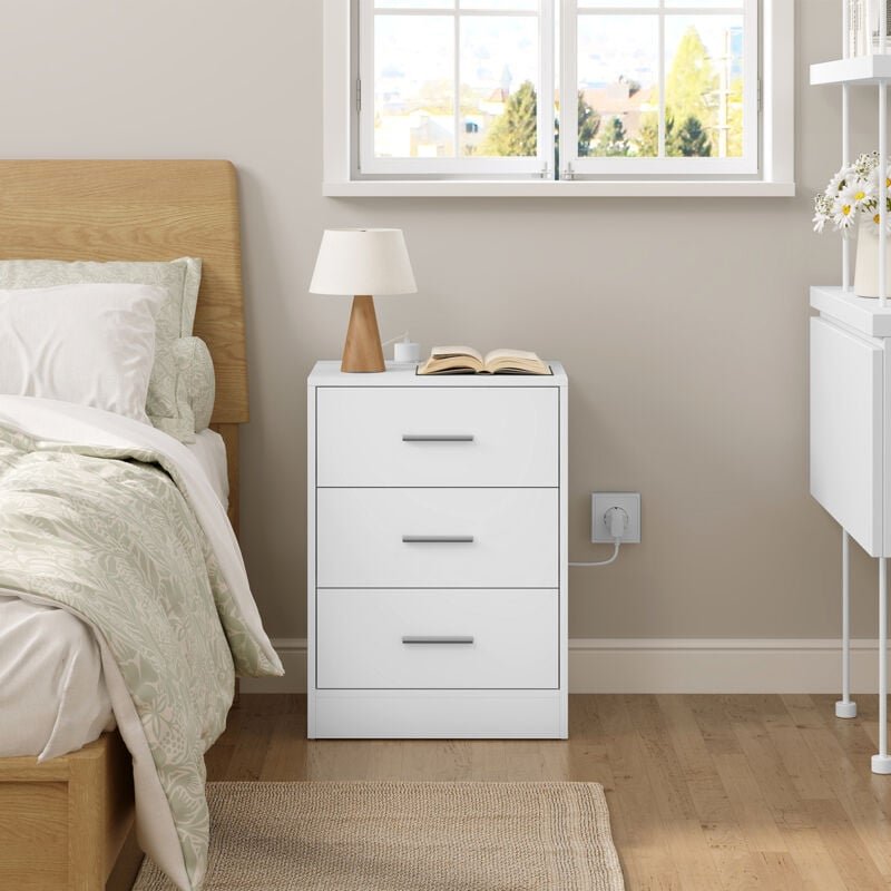 WOLTU 1x Nachttisch Beistelltisch mit Ladefunktion Steckdose 3 Schubladen, Nachtschrank für Schlafzimmer Wohnzimmer Flur...