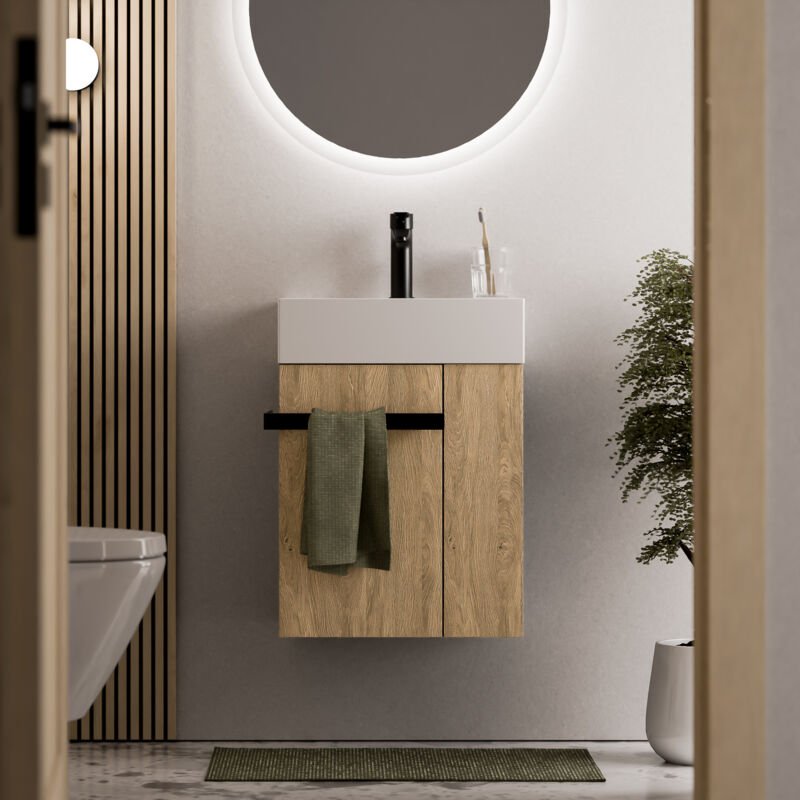 Thumbnail - Waschtischunterschrank Gäste-WC Bernstein compact 450 mit Waschbecken 45 cm Regal rechts Badmöbel: Eiche Honiggold, Meta...