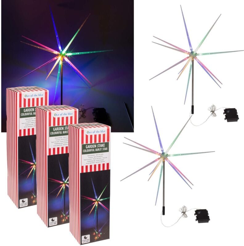 3er Set Stern LED Gartenstecker IP44, 14 LEDs bunt, Timer, Batteriebetrieb