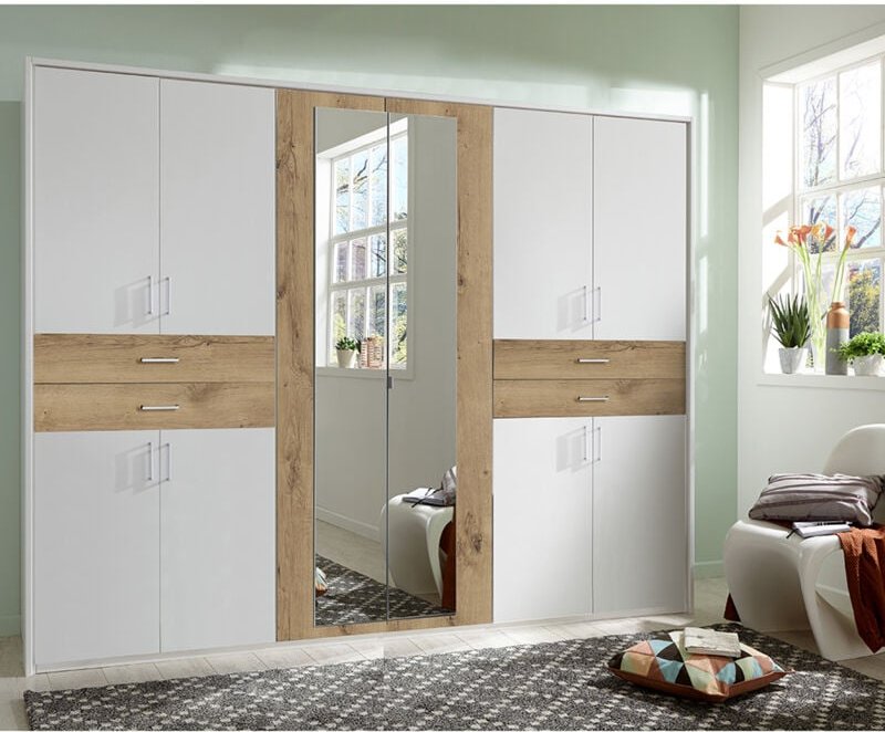 Kleiderschrank mit Passepartoutrahmen, 273 cm breit in weiß mit Plankeneiche, TREVISO-43