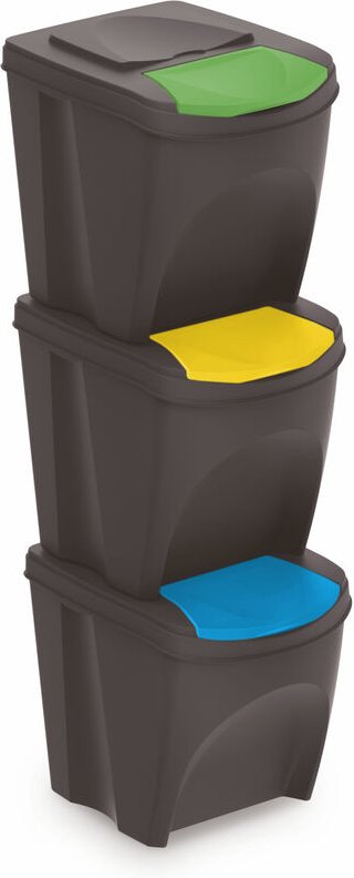 Spetebo - Sortibox Mülleimer mit Deckel 3er Set - 25 l / anthrazit - Müll Trennsystem Abfall Trenner stapelbar