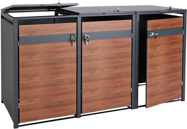 HHG - xl 3er/6er-Mülltonnenverkleidung 430, Mülltonnenbox, Metall 97kg, anthrazit Kirsche-Holzoptik dunkelbraun