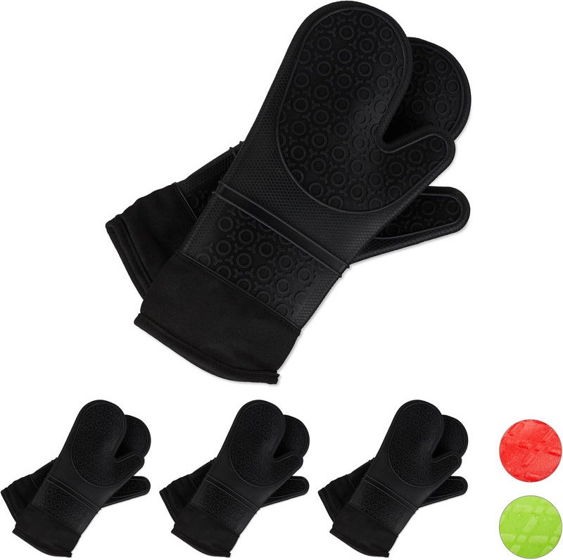 4 Paar Ofenhandschuhe Silikon, hitzebeständig, Anti-Rutsch Grillhandschuhe, weiches Innenfutter, Backhandschuhe, schwarz