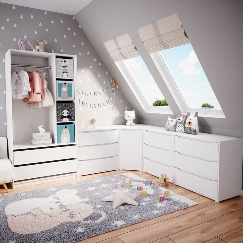 Kinderkleiderschrank Elmo, Weiß, 100 x 200 cm mit 2 Schubladen und Faltboxen Vicco