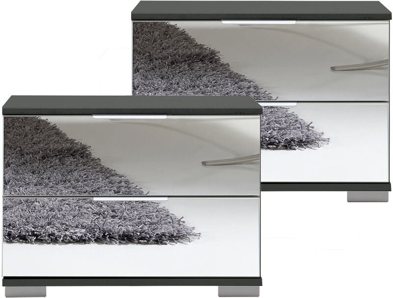 Schlafzimmer 2er Set Nachttisch Nachtschrank in graphit mit Spiegelfront ELSTRA-43, b/h/t ca. 52/40/38 cm
