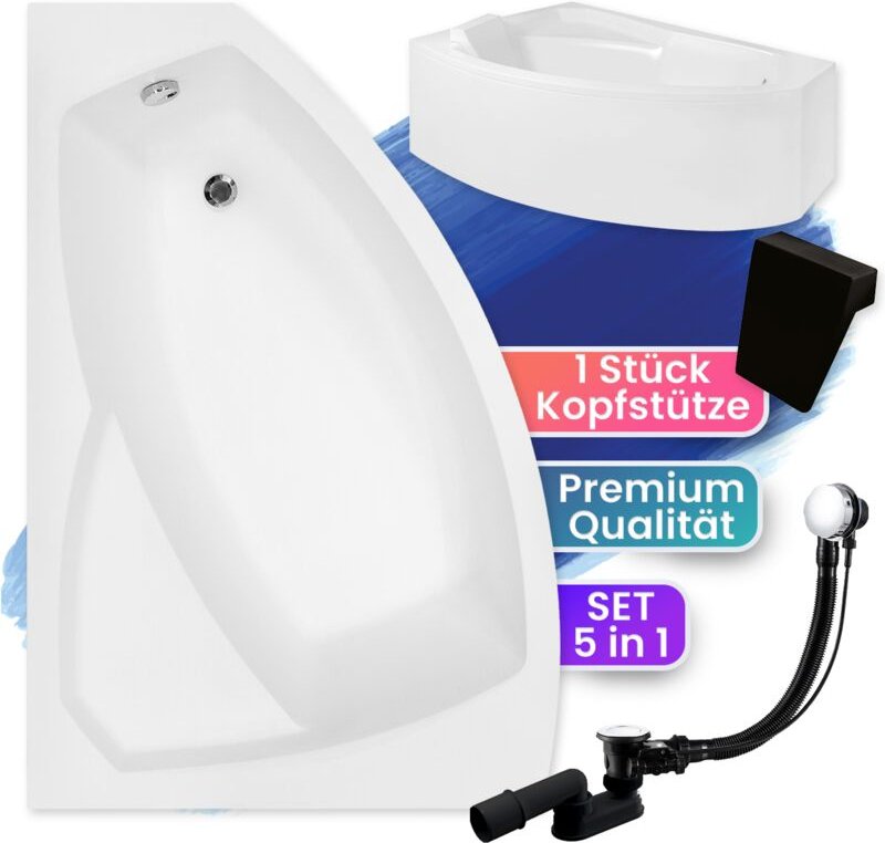 Badland - Badewanne Eckbadewanne 150x95 Links mit AcrylSchürze + Kopfstütze, Ablaufgarnitur & Füßen gratis - Komplettset...
