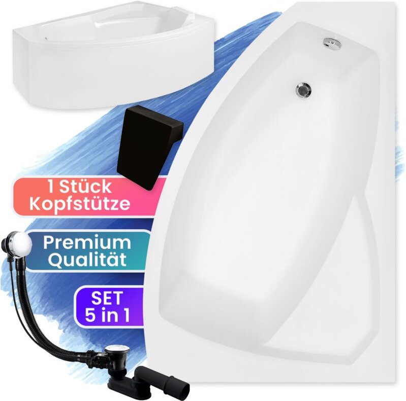 Badland - Badewanne Eckbadewanne 150x95 Rechts mit AcrylSchürze + Kopfstütze, Ablaufgarnitur & Füßen gratis - Komplettse...