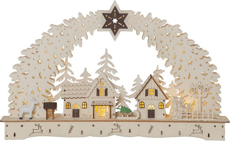 Star Trading - led Schwibbogen ,Bamberg' aus Holz mit Weihnachtsdorf, Batterien + Timer, natur, warmweiß, b 45cm