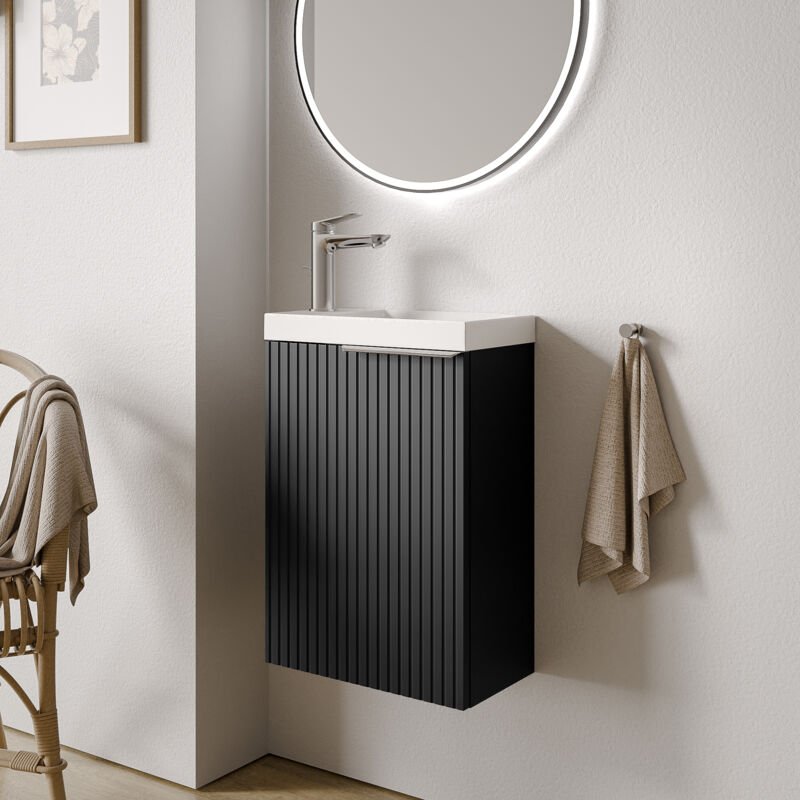 Waschtischunterschrank Bernstein tim 40 cm mit Waschbecken Badmöbel: Schwarz matt profiliert, Metallgriff: Chrom