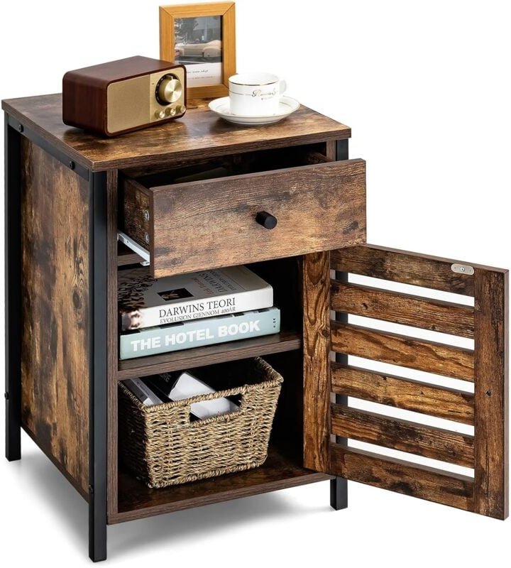 Vintage Nachttische mit Schublade/ Beistelltisch mit hoehenverstellbarer Ablage/ Kaffeetisch Holz/ Sofatisch für Wohnzim...