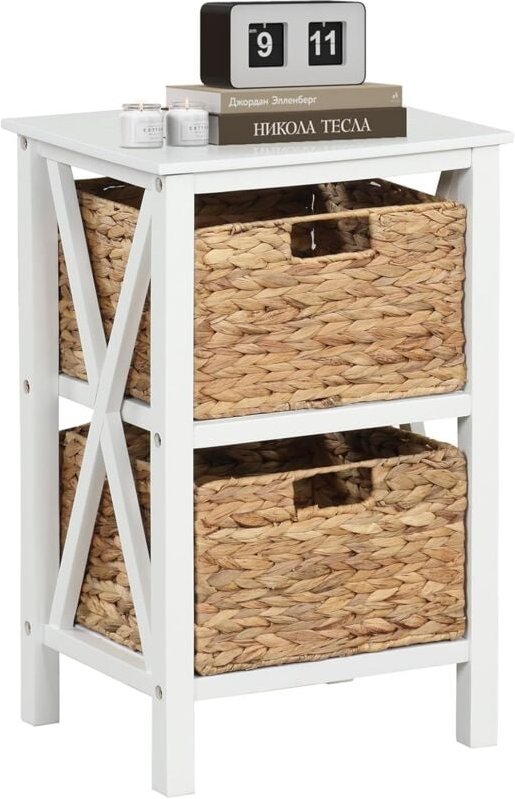 3-stufiger Nachttisch mit Seegraskörben, schmaler X-Design Beistelltisch, Sofatisch mit Akazienholzbeinen, Aufbewahrungs...