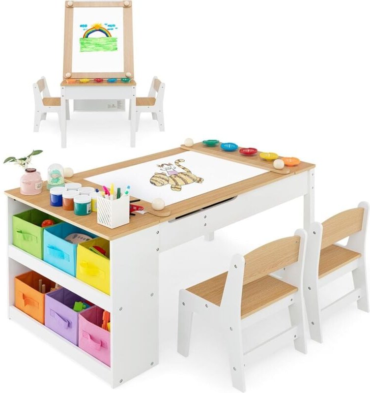 Costway - Kindertisch mit 2 Stühlen, 3 in 1 Aktivitätstisch & Staffelei aus Holz mit anhebbarer Tischplatte mit Farbbech...