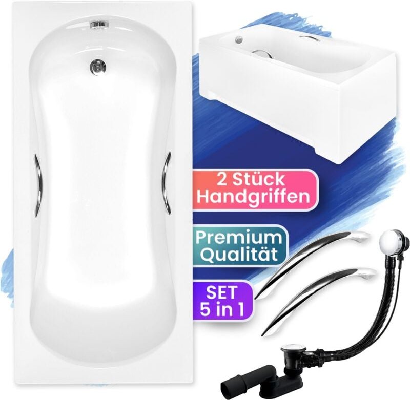 Badland - Badewanne Rechteck 130x70 mit AcrylSchürze + Handgriffen, Ablaufgarnitur & Füßen gratis - Komplettset 5in1 Acr...