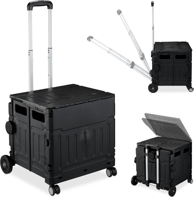 Einkaufstrolley, klappbar, Einkaufskorb mit Rollen, Deckel & neigbarem Teleskopgriff, bis 50 kg, schwarz - Relaxdays