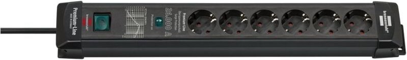 Steckdosenleiste 6-fach Premium-Line mit Überspannungsschutz bis zu 26.000 a, mit 1,8 m Kabel und Schalter, schwarz - Br...