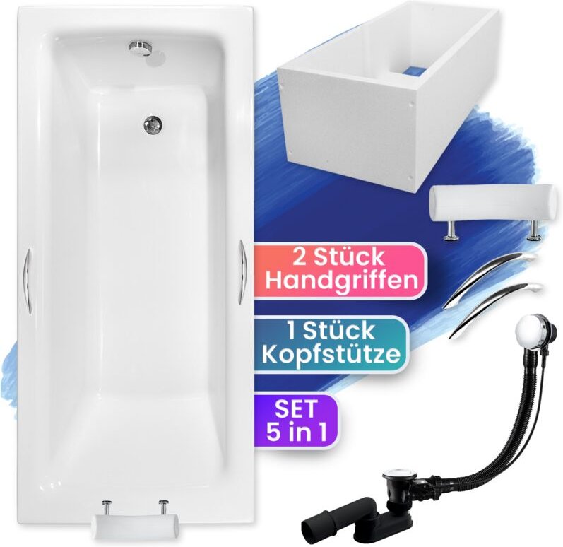 Badland - Badewanne Rechteck 160x75 mit Wannenträger + Handgriffen + Kopfstütze, Ablauf & Füße gratis - Komplettset 6in1...