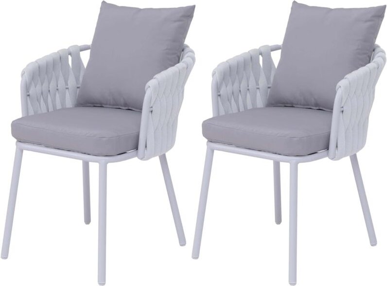 2er-Set Aluminium-Gartenstuhl HHG-190, Gartensessel Outdoor Stuhl, Stoff/Textil (180 g/m²) Seilgeflecht Rope hellgrau