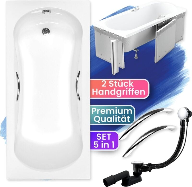 Thumbnail - Badewanne Rechteck 150x70 mit Styroporverkleidung + Handgriffen, Ablaufgarnitur & Füßen gratis - Komplettset 5in1 Acryl ...